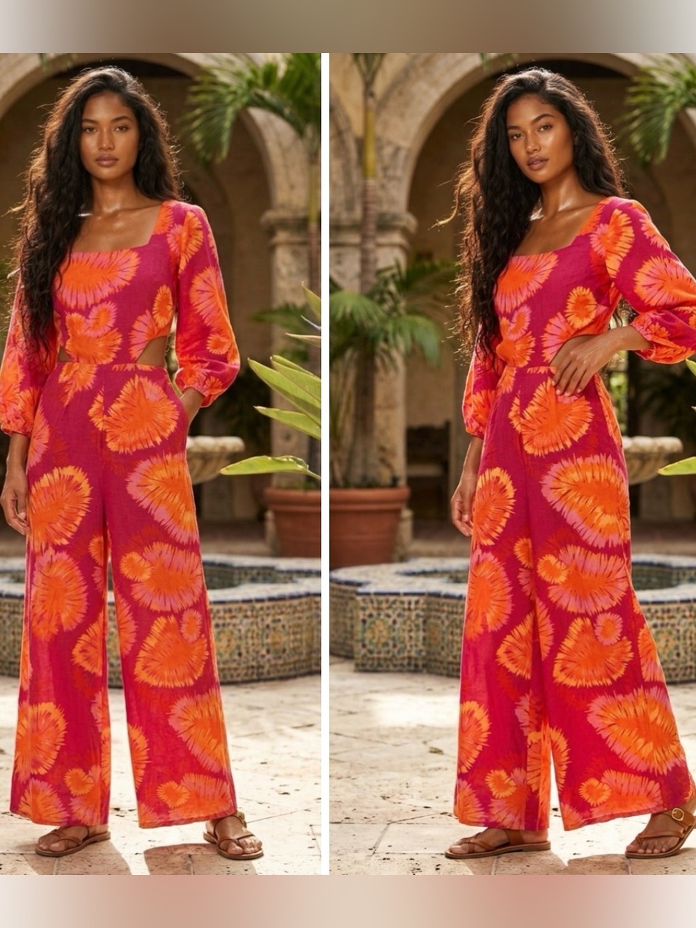 FARM Rio Linen Red cut out Jumpsuit with Orange Floral Burst Print Medium